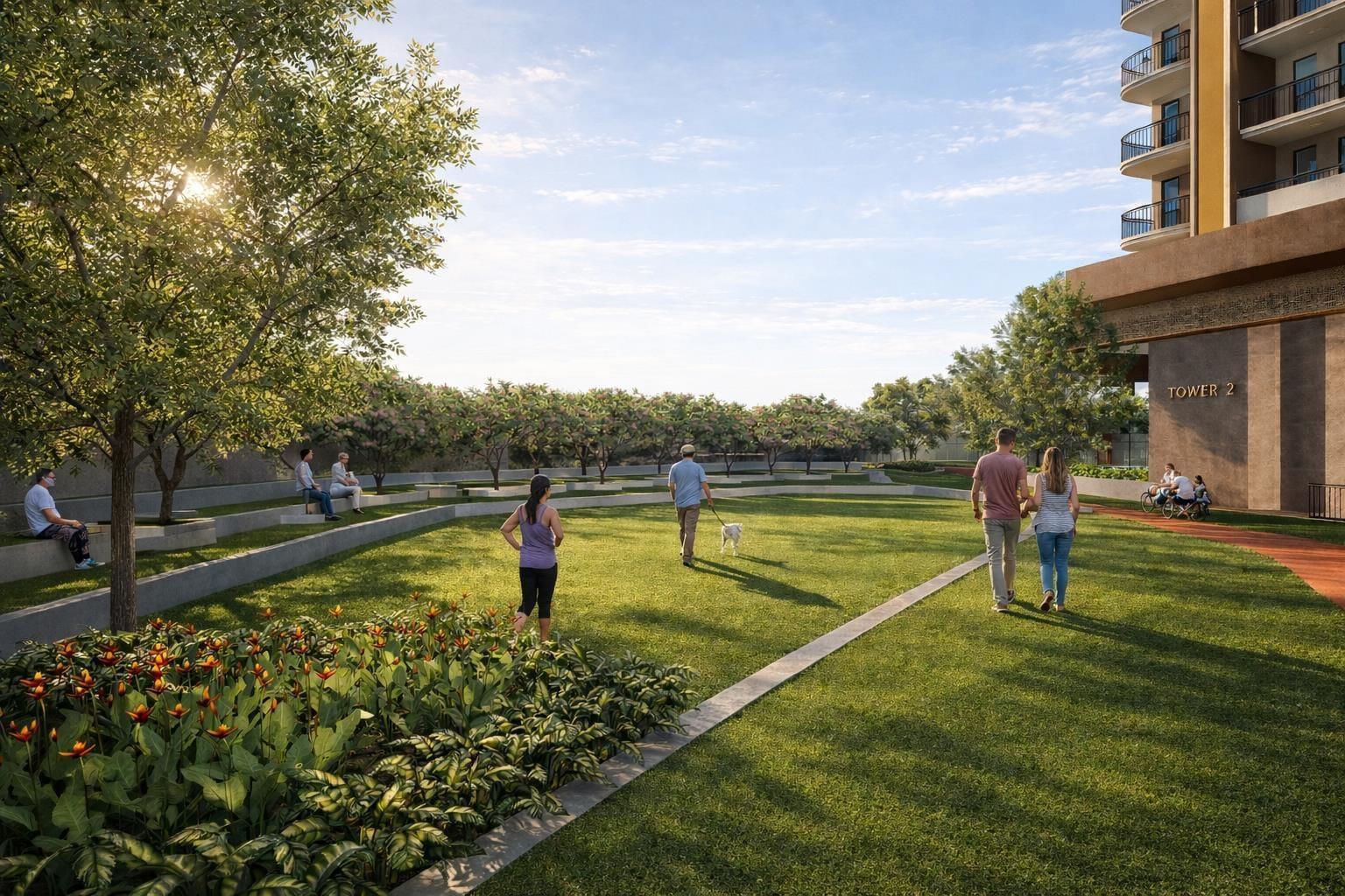 Families strolling across a sunlit central lawn at Hero Homes Leafsong Retreat