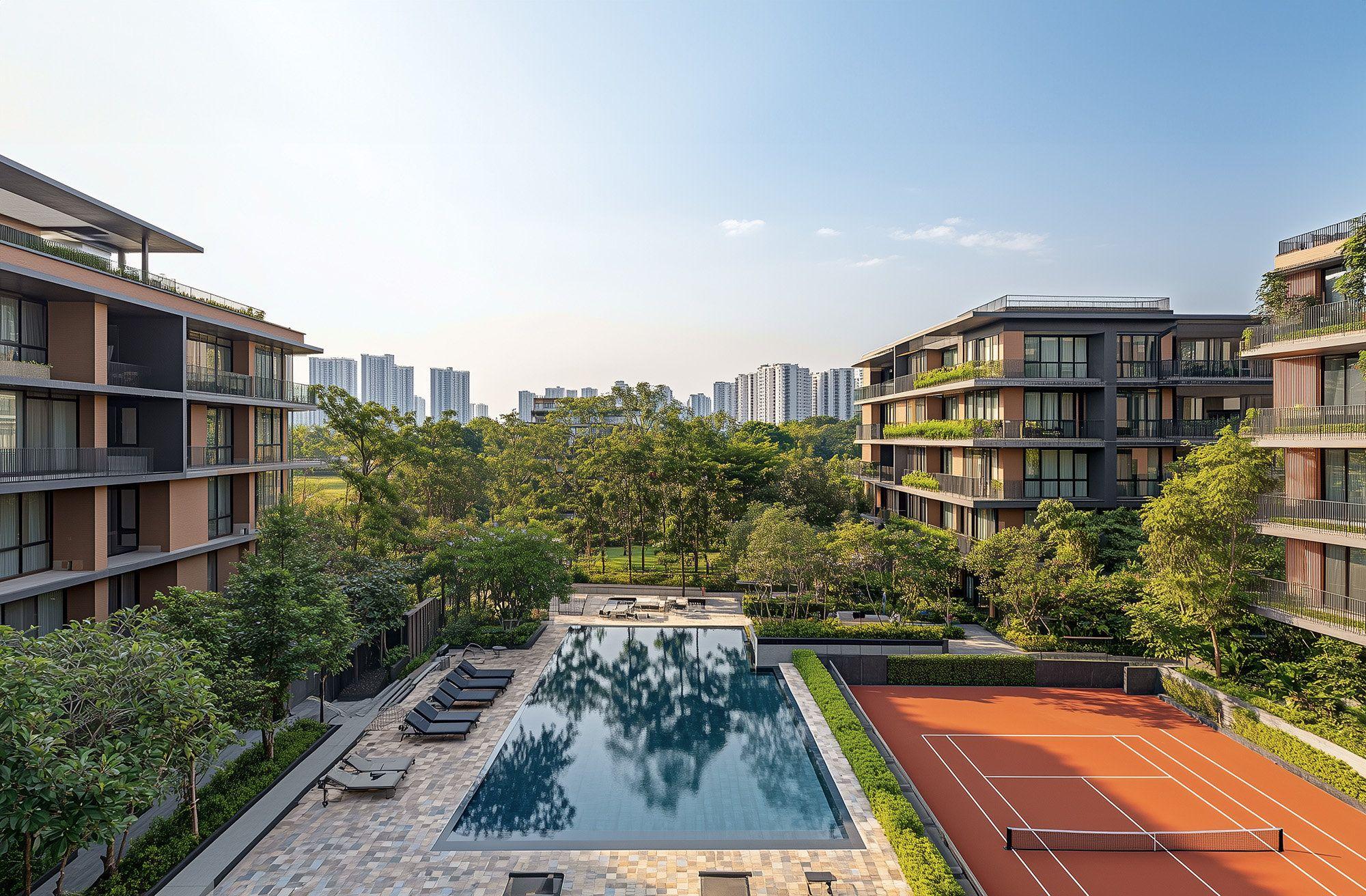 Residential complex at dusk