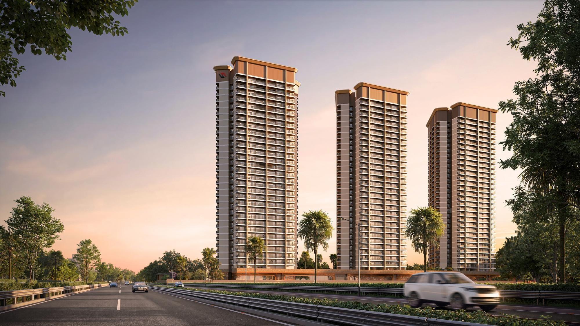 Leafsong Retreat by Hero Realty: three G+31 towers at dusk, Sector MU, Greater Noida